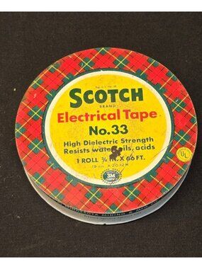 Vintage Scotch Brand No. 33 Electrical Tape Red Green Plaid Empty Metal Tin